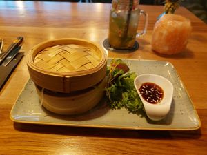 Box with Bánh Bao (yeast dumpling) at Vegana Vietnamese Restaurant in Mannheim