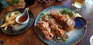 Tempura sushi (half chicken, half duck-flavored seitan) and spring rolls at Vegana Vietnamese Restaurant in Mannheim
