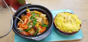 Buddha bowl with tasty rice at Vegana Vietnamese Restaurant in Mannheim