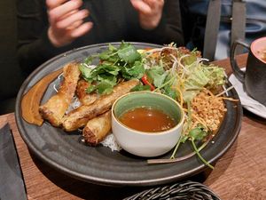 Spring rolls on rice noodle salad at Vegana Vietnamese Restaurant in Mannheim