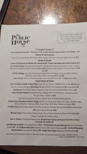 Menu pg 1 at The Public House in Charlotte