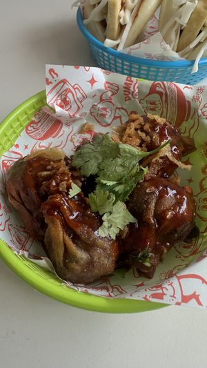 Deep fried vegan dumplings  at Dumpling Drop in Victoria