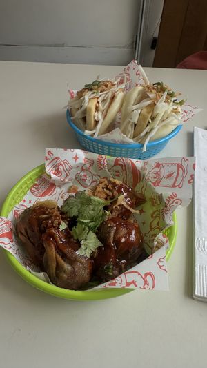 Vegan dumplings & tofu bao  at Dumpling Drop in Victoria