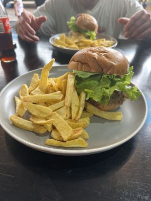 Vegan burger and fries   at Fer's Grill House in Puerto Baquerizo Moreno