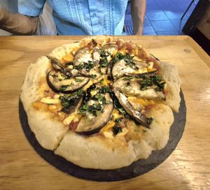 Pizza with eggplant and mushrooms at Rebel's Diner in Cuernavaca