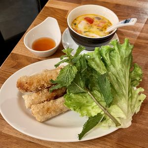 Crispy Spring Rolls and Tom Kha Coconut Milk Soup  at Vegebowl in Paris