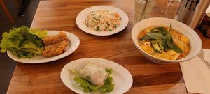 Nems, Cantonese rice, spring roll, curry noodle soup. at Vegebowl in Paris