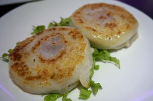 Taro cakes. at Vegebowl in Paris