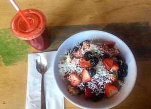 Acai Bowl and Iron Horse Juice. Acai Bowl ordered with no granola, no bee pollen. at Swami's Cafe in Oceanside