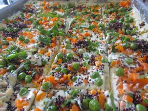 Causa rellena (Native potatoes stuffed with veggies and vegan almond mayonaisse) at Yami in Lima