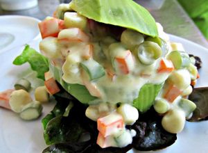 Stuffed avocado vegetables and vegan dressing at Yami in Lima