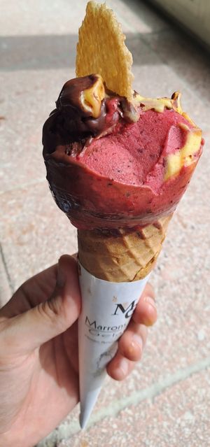 mango ice cream, berries and dark chocolate (modica black) at Marrons Glaces in Catanzaro
