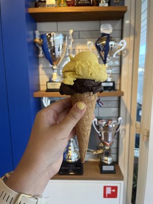 Vegan chocolate sorbet and mango sorbet   at IJssalon IJsie Prima in Callantsoog