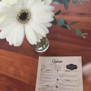 beautiful fresh flowers (gerberia daisies and eucalyptus this day :) / gorgeous simple decor at Quinoa in Las Condes