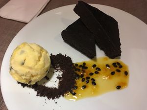 Vegan brownie with passion fruit icecream at Quinoa in Las Condes