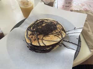 Vegan pancakes with vegan bitter (nutella) and oreos  at Bon Bonheur in Rhodes