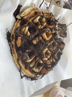 Vegan waffle with vegan „bitter“ (nutella) and oreos  at Bon Bonheur in Rhodes