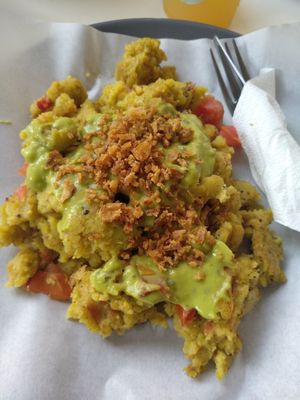 Vegan omelette made with chickpea flour, tomato, guacamole and fried onions at Bon Bonheur in Rhodes