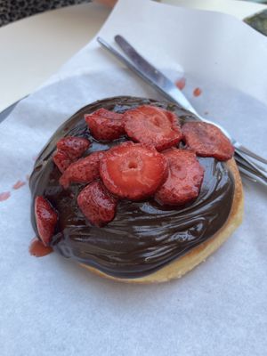 Plain doughnut was vegan, able to add vegan choc sauce and strawberries   at Bon Bonheur in Rhodes