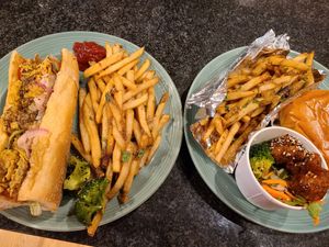 po boy, chicken sandwich, garlic fries, nuggets at Ground Control in Chicago