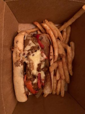 "Philly Sando" with fries to go at the HOOT in Columbia