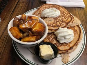 Pancakes and home fries with cheese   at the HOOT in Columbia