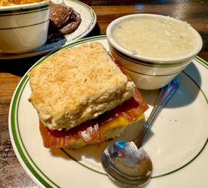 2/3 specials: bacon, “egg” & “cheddar” biscuit with a side of grits  at the HOOT in Columbia