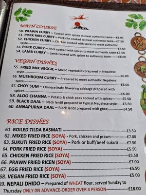 Menu at Annapurna Nepalese Restaurant in Folkestone