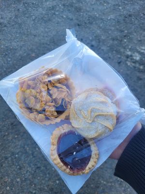 Cornflake Jam Tart, Viennnese Whirl and Jam Tart at Becws Islyn Bakery Ltd in Gwynedd