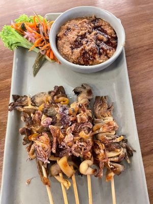 Sattay Maranggi mushrooms in peanut sauce.  Wow  at The Daun in Bandar Seri Begawan