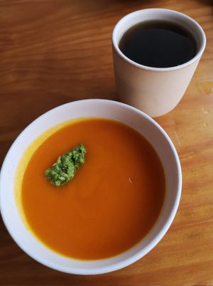 carrot soup w/ nut pesto (daily soup) and mint tea at Sol Cozinha Vegetariana in Portimao