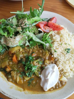 lentil vegetable dhal w/ couscous and salad (daily dish) at Sol Cozinha Vegetariana in Portimao