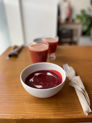 Beet soup (so good!)  at Sol Cozinha Vegetariana in Portimao