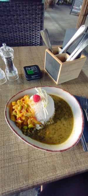 #90. Dal bhat with rice, lentil soup and (a little bit spicy) seasonal vegetables. Very good! at Coffee Momo in Germering