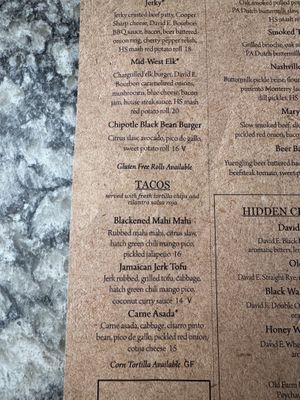 Jerk tofu and black bean burger on menu  at Hidden Still Spirits in Hershey