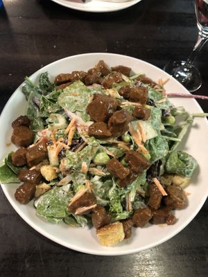 Garden salad, with vegan beef  at Slice of Vegas Pizza in Las Vegas