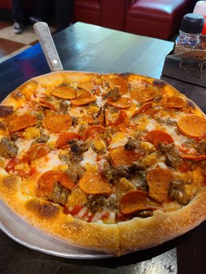 Vegan meatless meat lovers pizza at Slice of Vegas Pizza in Las Vegas