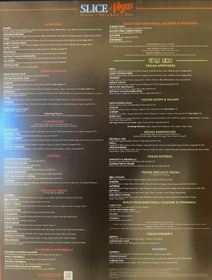 Vegan menu as of Nov 27, 2021.  at Slice of Vegas Pizza in Las Vegas