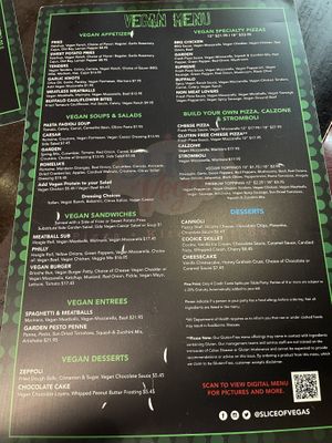 Vegan menu-everything in green sections are vegan 🌱   at Slice of Vegas Pizza in Las Vegas