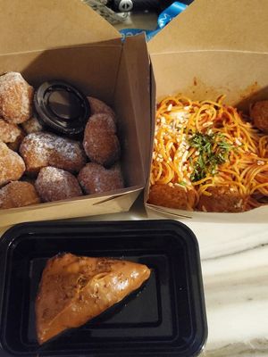 Vegan Spaghetti & Meatballs, Vegan Zeppoli and Vegan Chocolate Cake at Slice of Vegas Pizza in Las Vegas