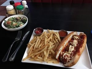 vegan meatball sub, fries cooked in a separate fryer, and side salad with vegan ranch dressing. so yum.  at Slice of Vegas Pizza in Las Vegas