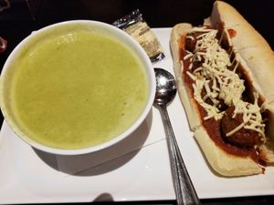Vegan broccoli cheese soup and 'meatball' sub at Slice of Vegas Pizza in Las Vegas