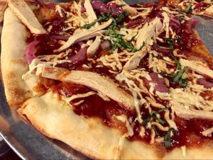 100% Vegan BBQ 'Trichen' Pizza - Fantastic! (Trichen is fake 'chicken') at Slice of Vegas Pizza in Las Vegas