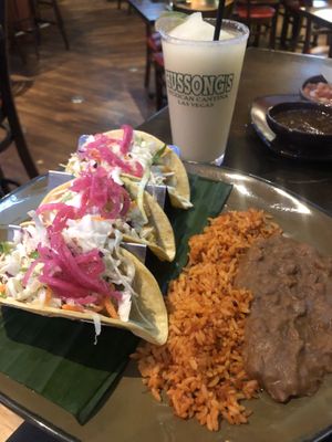Vegan fish tacos and frozen margarita  at Hussong's Cantina - Mandalay Bay Shoppes in Las Vegas