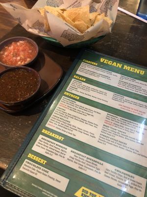Corn chips, salsa and vegan menu at Hussong's Cantina - Mandalay Bay Shoppes in Las Vegas