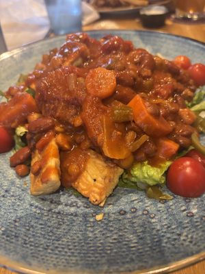 Tempeh with chili salad  at Bullfrog Brewery in Williamsport