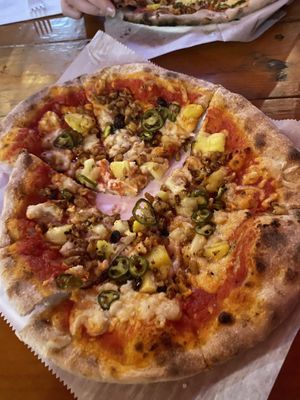 Pineapple, tempeh bacon and jalapeños   at Vegan Pizza Land in Easthampton