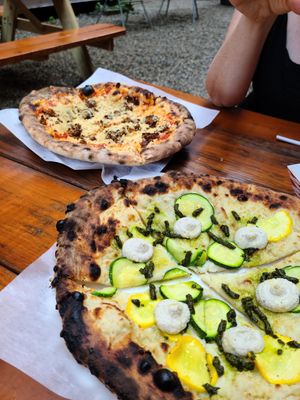 Meatball with caramelized onion and Zucchini ricotta pesto. at Vegan Pizza Land in Easthampton