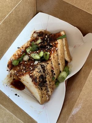 cold fried tofu appetizer with house korean dressing   at Vegan Pizza Land in Easthampton