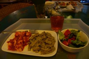 Tomato-y tofu, Stroganoff, Salad, Strawberry Drink at Samadeva in St Petersburg